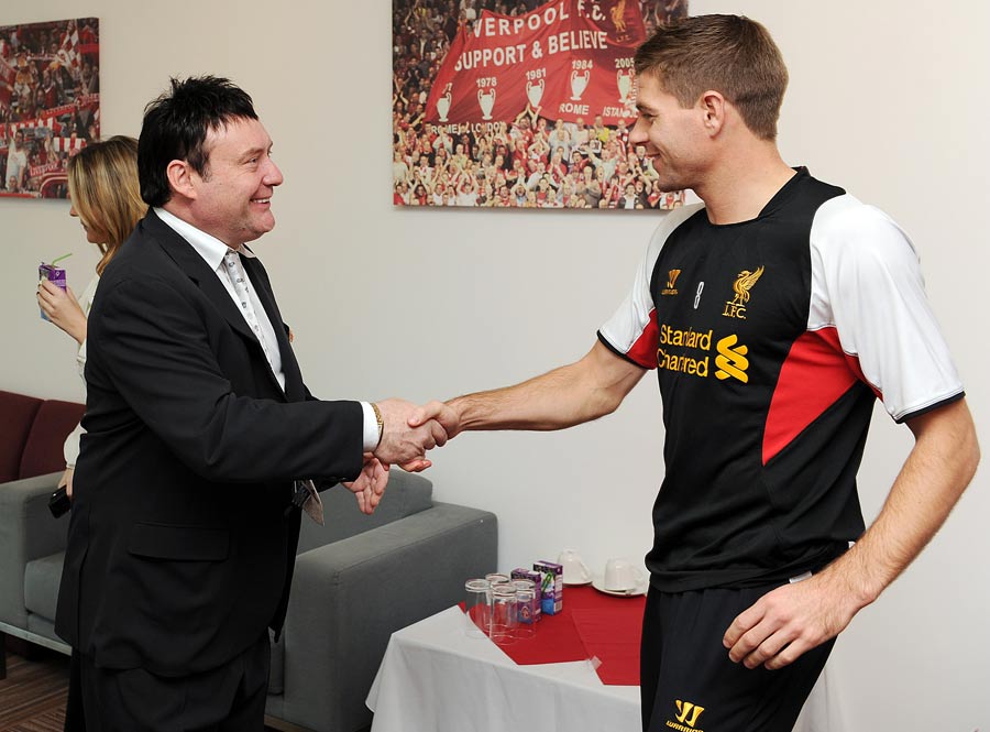 Steven Gerrard greets snooker player Jimmy White 