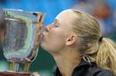 Caroline Wozniacki kisses the Kremlin Cup trophy