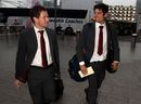 Alastair Cook and Eoin Morgan arrive at Heathrow Airport