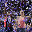 Serena Williams and Maria Sharapova enjoy the trophy presentation ceremony
