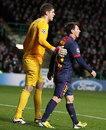 Fraser Forster consoles Lionel Messi