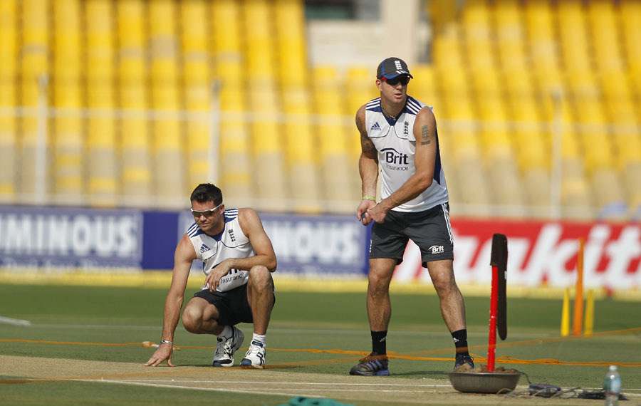 James Anderson and Kevin Pietersen inspect the wicket