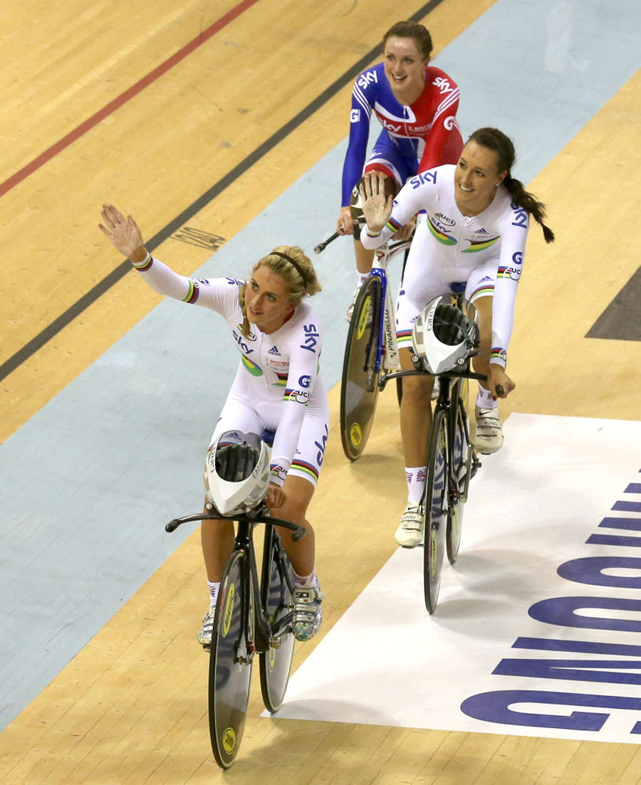 Laura Trott, Dani King and Elinor Barker wave to the crowd