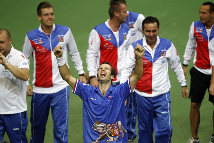 Radek Stepanek celebrates winning the Davis Cup for Czech Republic