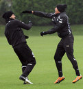 James Perch and James Tavernier fight during a Newcastle United training session