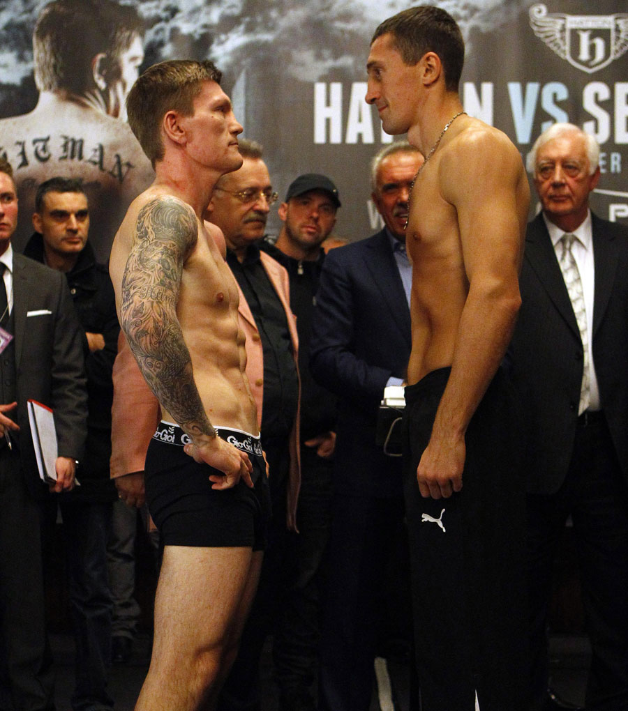 Ricky Hatton and Vyacheslav Senchenko square off during the weigh-in