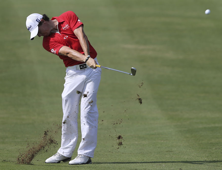 Rory McIlroy plays a ball on the fifth hole 