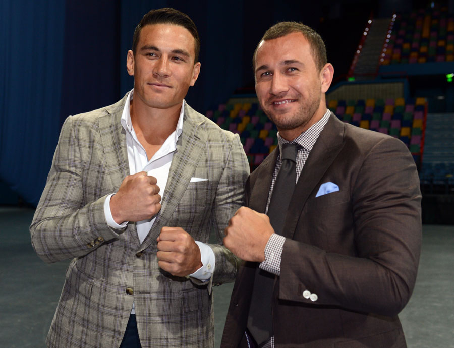Sonny Bill Williams and Quade Cooper  pose during a press conference