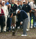 Tiger Woods hits from under a tree on the fifth hole