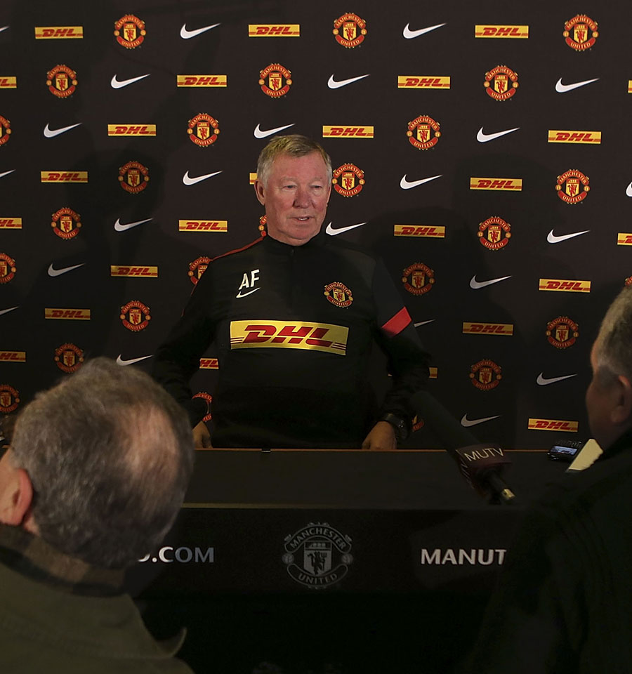 Sir Alex Ferguson speaks during a pre-match press conference
