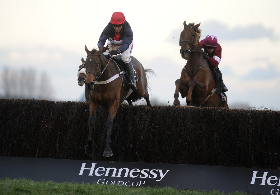 Bobs Worth, ridden by Barry Geraghty, jumps ahead of First Lieutenant in the Hennessy Gold Cup