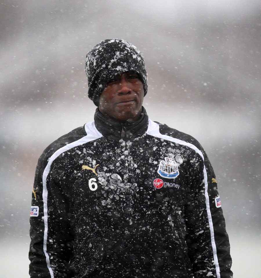 Nile Ranger faces the snow during a Newcastle training session