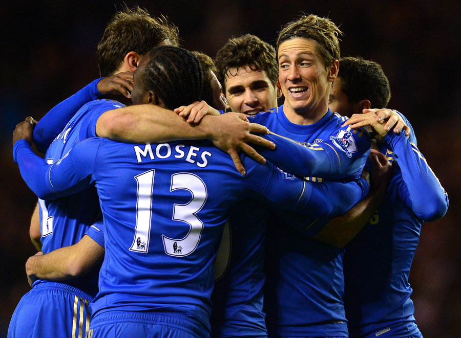 Fernando Torres is mobbed by team-mates