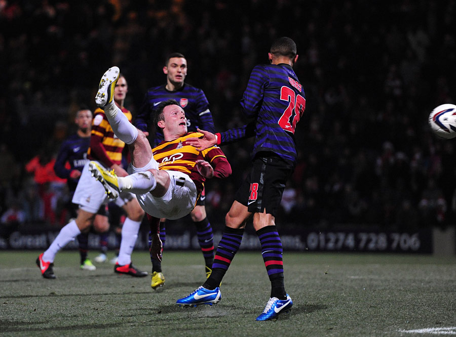 Garry Thompson of Bradford goes for the acrobatic