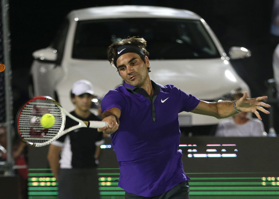 Roger Federer plays an exhibition match against Juan Martin Del Potro
