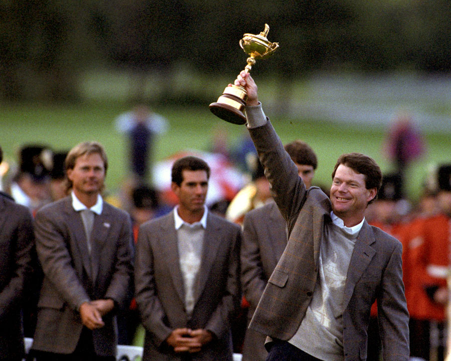 American Ryder Cup captain Tom Watson holds the cup aloft at The Belfry