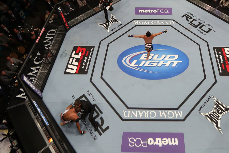 An overhead view of Jamie Varner reacting after defeating Edson Barboza
