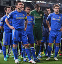 Juan Mata, Frank Lampard, Ashley Cole, Petr Cech, Branislav Ivanovic and David Luiz show their disappointment 