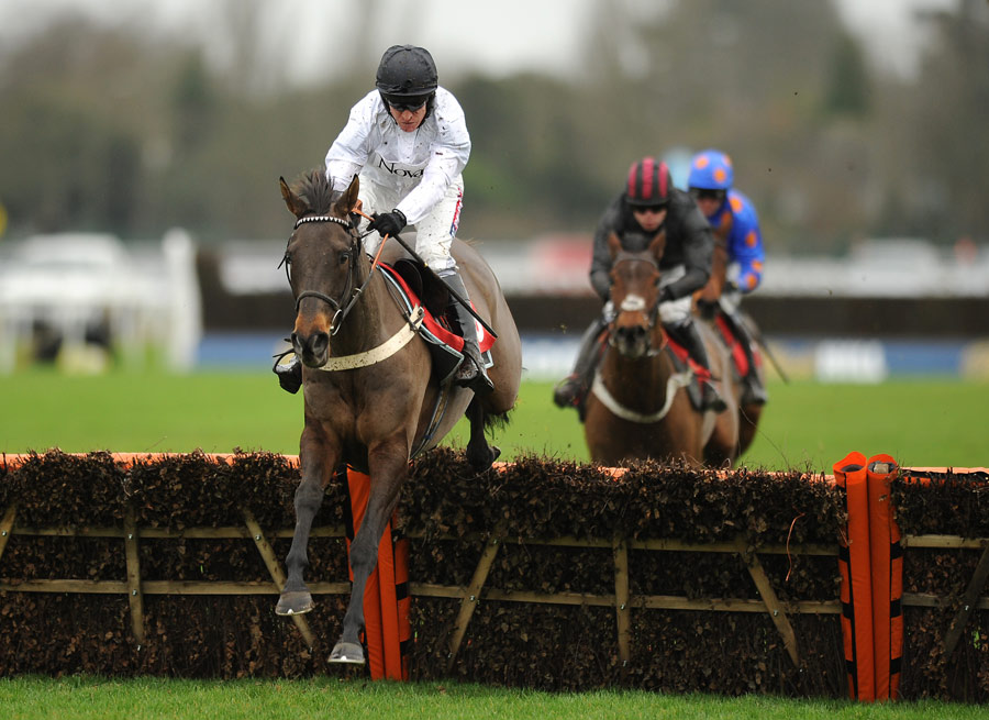 River Maigue, ridden by Barry Geraghty, clears a hurdle