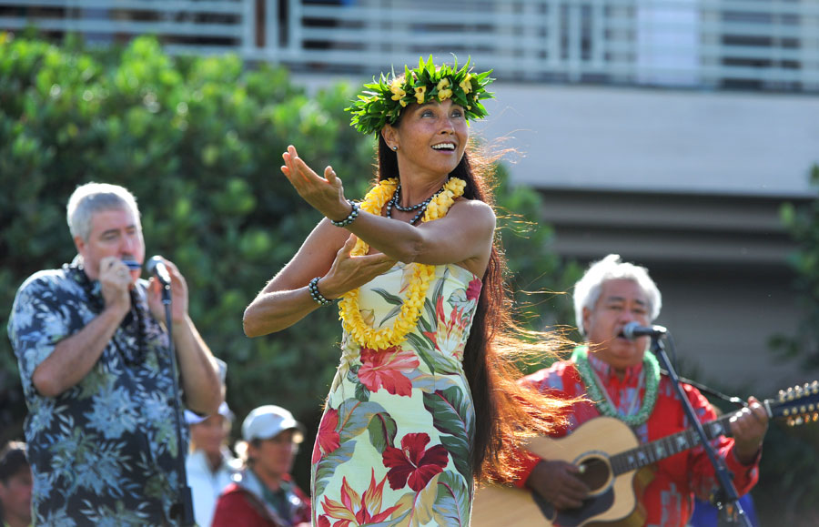 Hula dancer Owana Salazar performs during the opening ceremony
