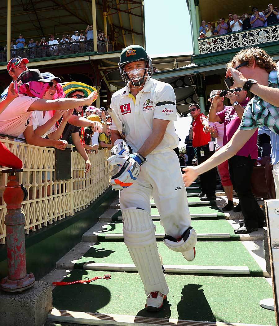 Michael Hussey walks in for his final Test innings