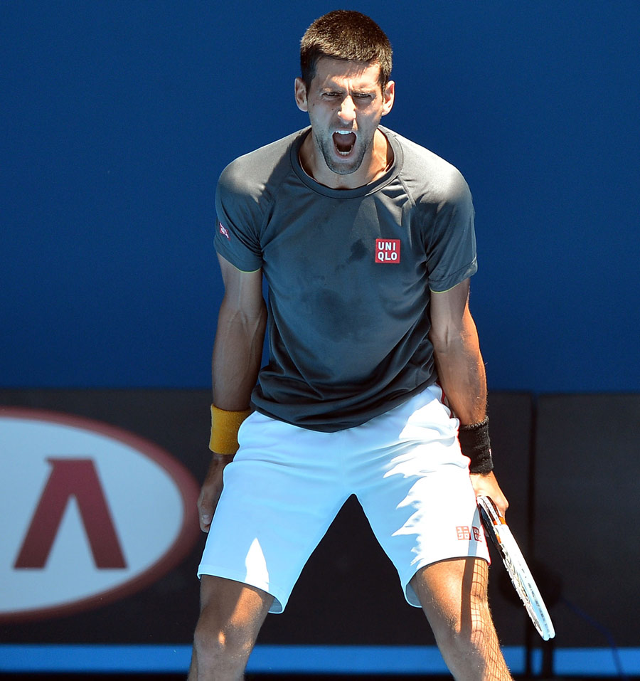 Novak Djokovic lets out a roar during practice