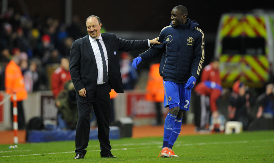 Rafael Benitez laughs with Demba Ba after the final whistle