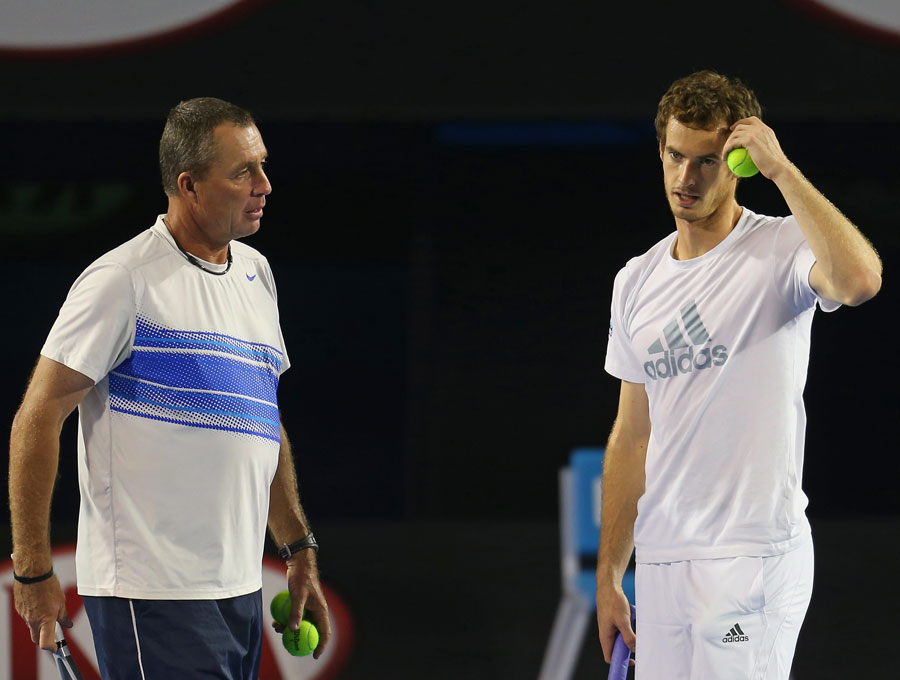 Andy Murray talks with his coach Ivan Lendl during a practice session