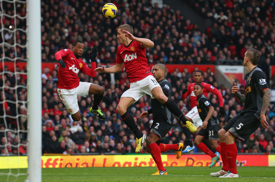 Nemanja Vidic scores the second goal from a deflected Patrice Evra header