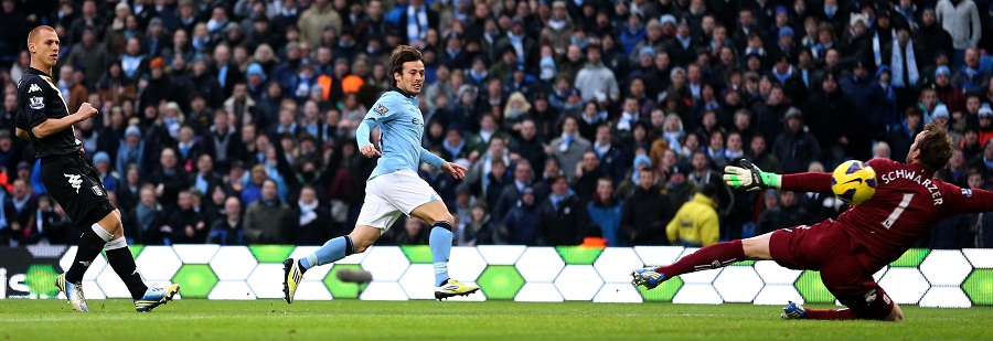 David Silva scores the first goal of the game