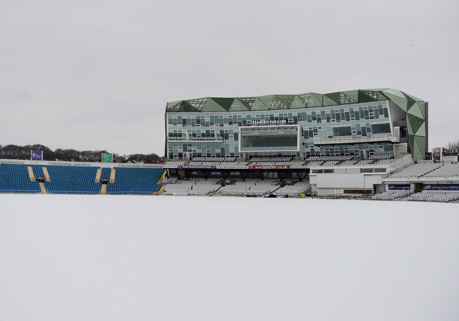 A thick blanket of snow lies on the pitch at Headingley