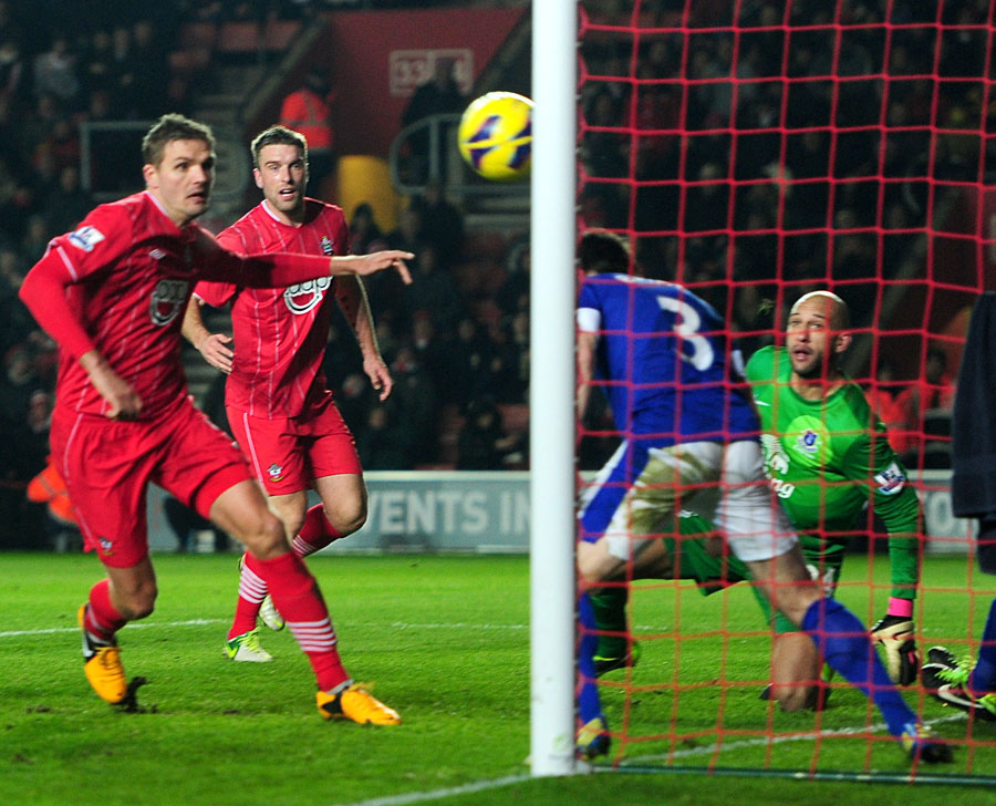 Ricky Lambert sees his shot saved by Leighton Baines