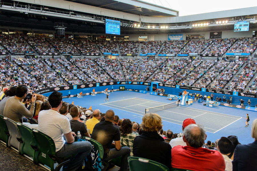 A packed Rod Laver Arena watches the action