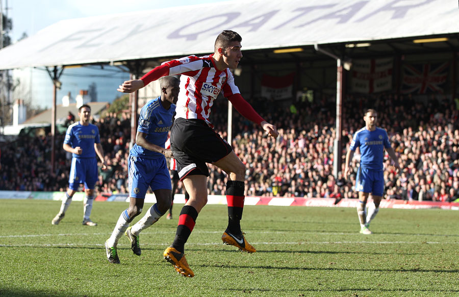 Brentford's Marcello Trotta scores their first goal of the game