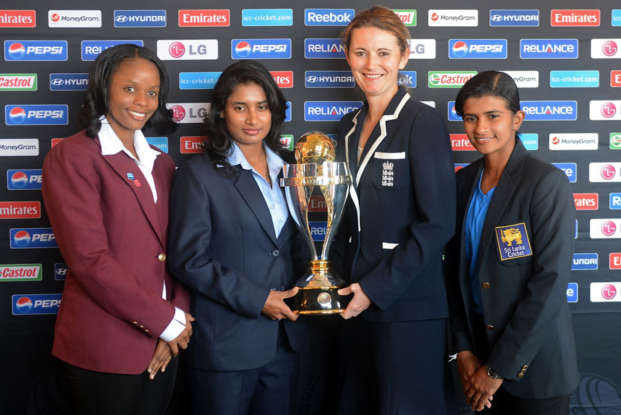 West Indies, India, England and Sri Lanka captains pose with the trophy