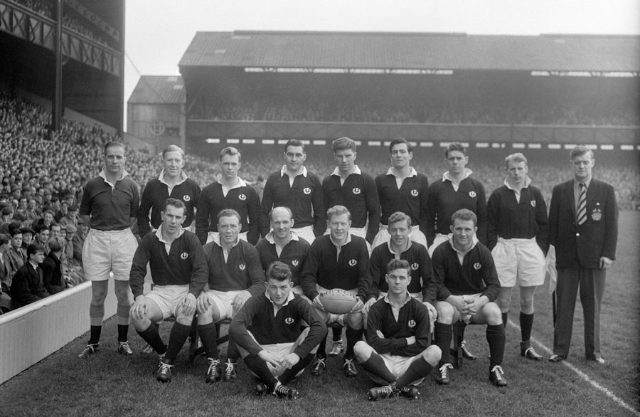 The Scotland team and referee (left) ahead of the match