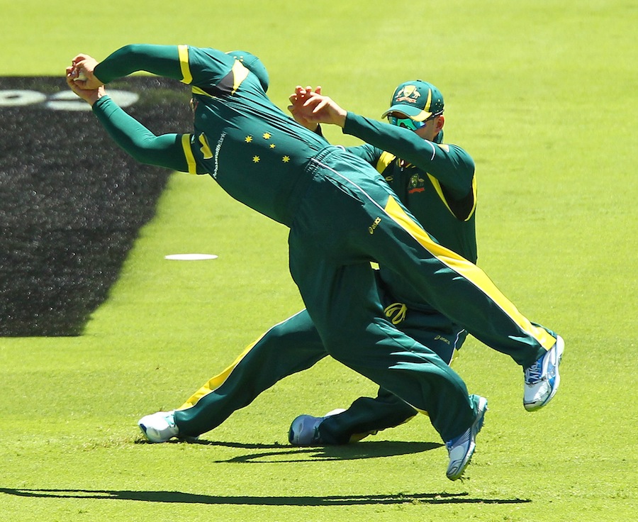 Aaron Finch dives across from second slip to take a catch