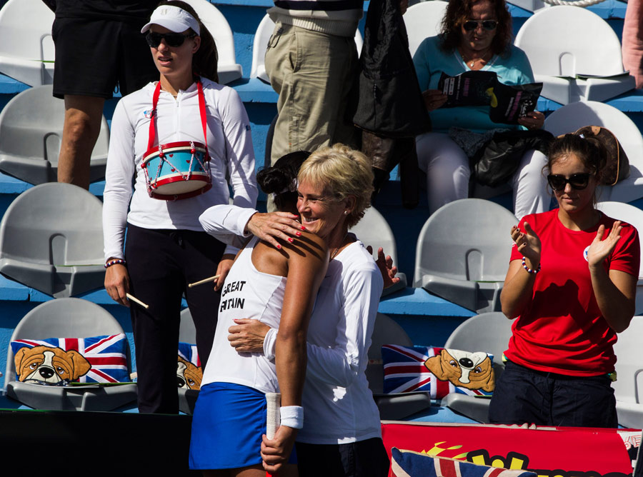 Anne Keothavong is congratulated on her win by Judy Murray