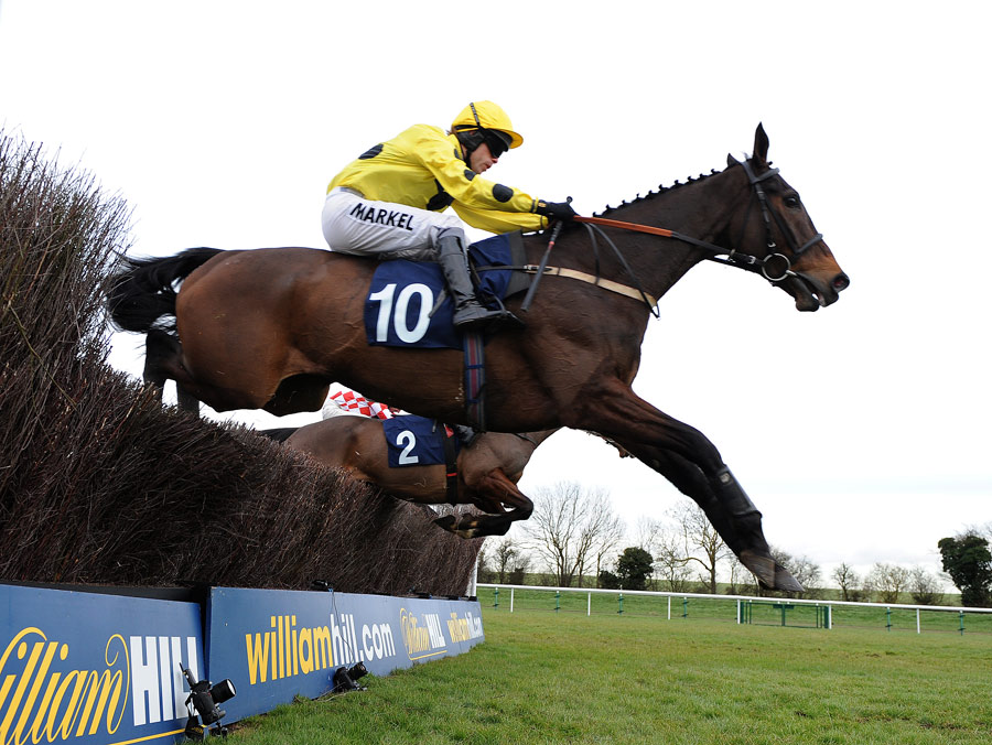 Arbeo, ridden by Sam Thomas, clears a fence 