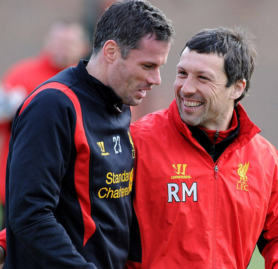 Jamie Carragher talks with Ryland Morgans (head of fitness and conditioning)