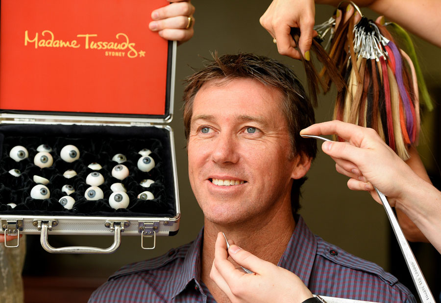 Glenn McGrath has measurements taken by a team from Madame Tussauds 