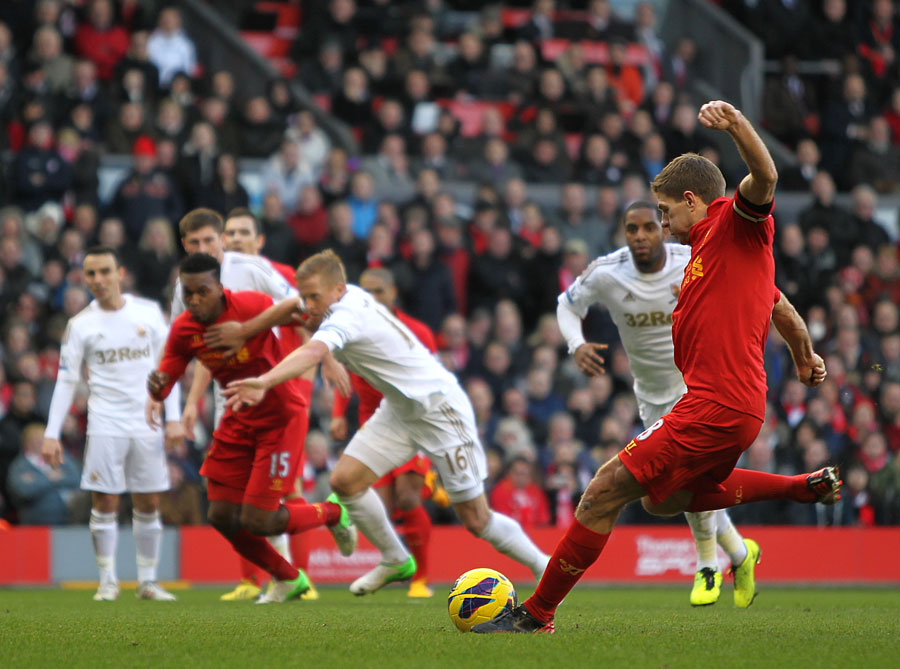 Steven Gerrard scores his side's first goal of the game from the penalty spot