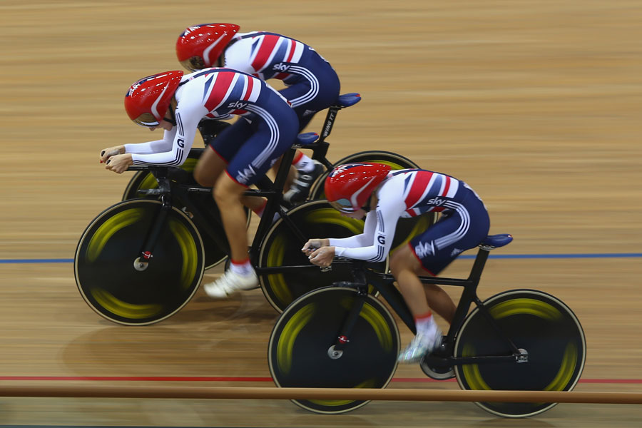 Laura Trott, right, Dani King, centre, and Elinor Barker qualify fastest in the women's team pursuit