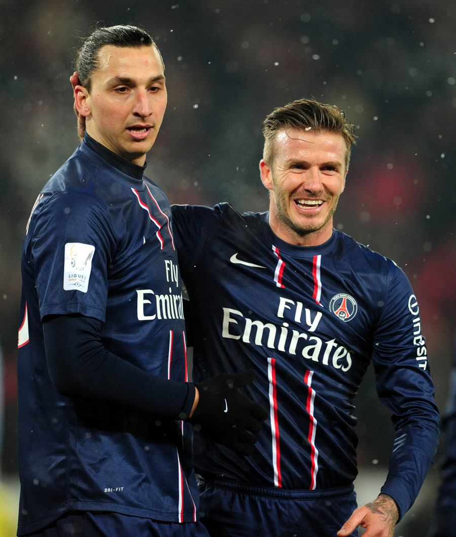 David Beckham and Zlatan Ibrahimovic celebrate the Swede's goal