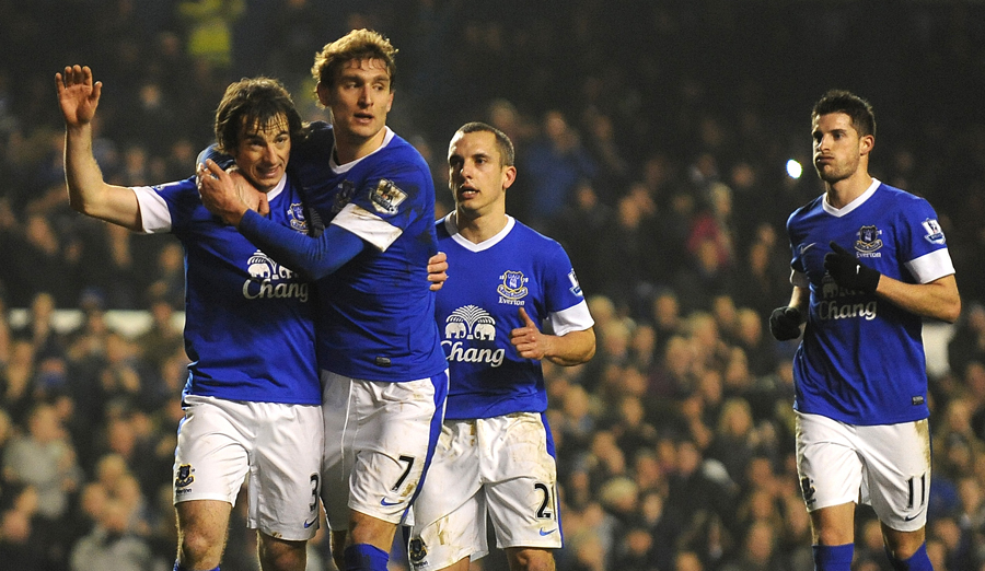 Leighton Baines is mobbed by Nikica Jelavic