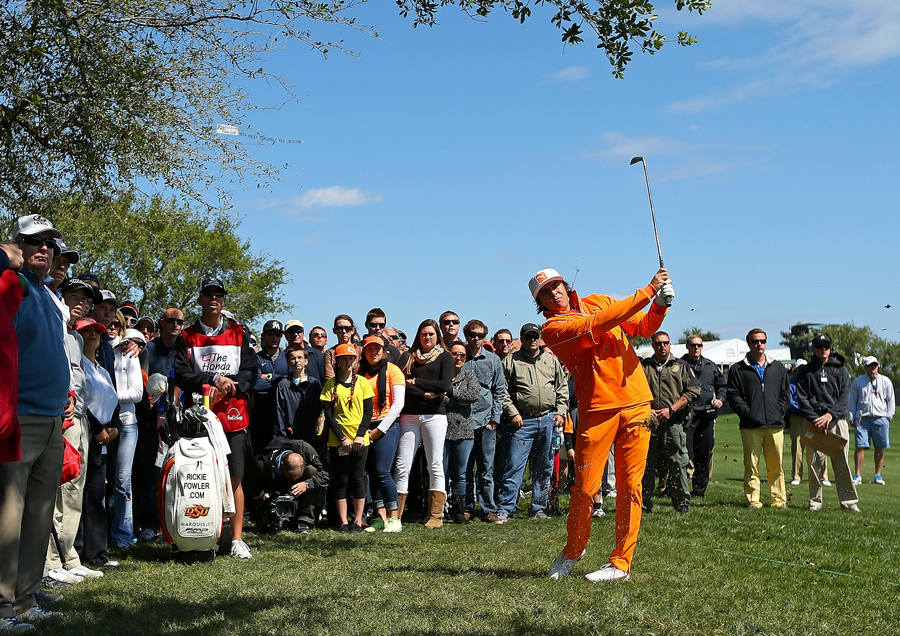 Rickie Fowler plays a recovery shot