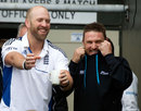 Matt Prior and Brendon McCullum share a laugh after the fifth day's play was washed out