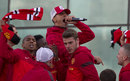 Rio Ferdinand whips up the crowd as David de Gea looks on