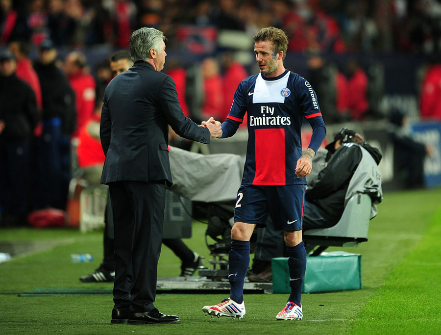 David Beckham shakes hands with Carlo Ancelotti