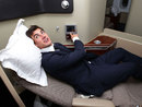 Pat Cummins tests the business class beds in a Qantas A380